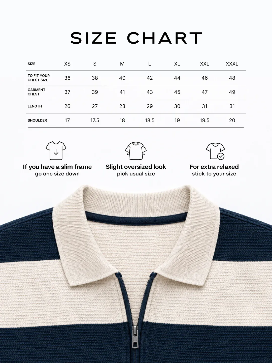 The Riviera Zipper Tee size guide